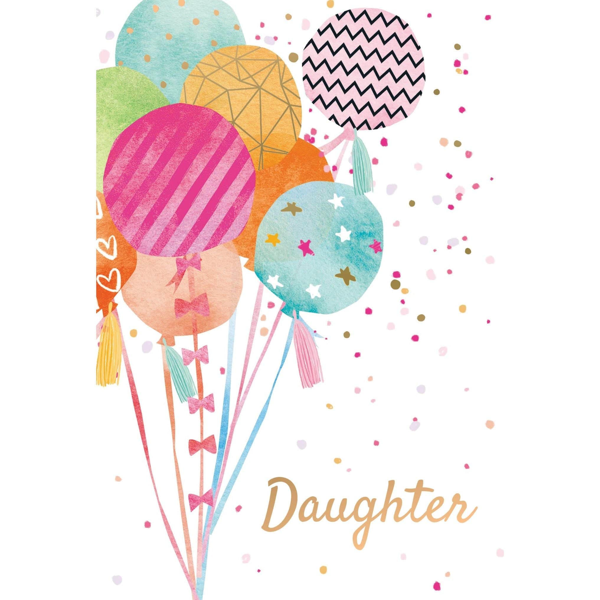 Colorful balloons and ribbons on a Pictura birthday card for daughter, featuring cheerful design and festive elements.